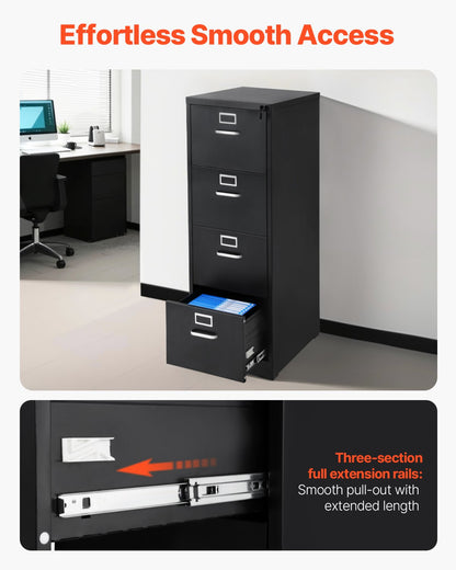 4 Drawer File Cabinet with Lock, Metal Vertical Filing Storage Cabinets for Home Office, Heavy-Duty Cabinet with Detachable Hanging Rod, for A4/Letter/Legal Size File, Easy Assembly (Black)