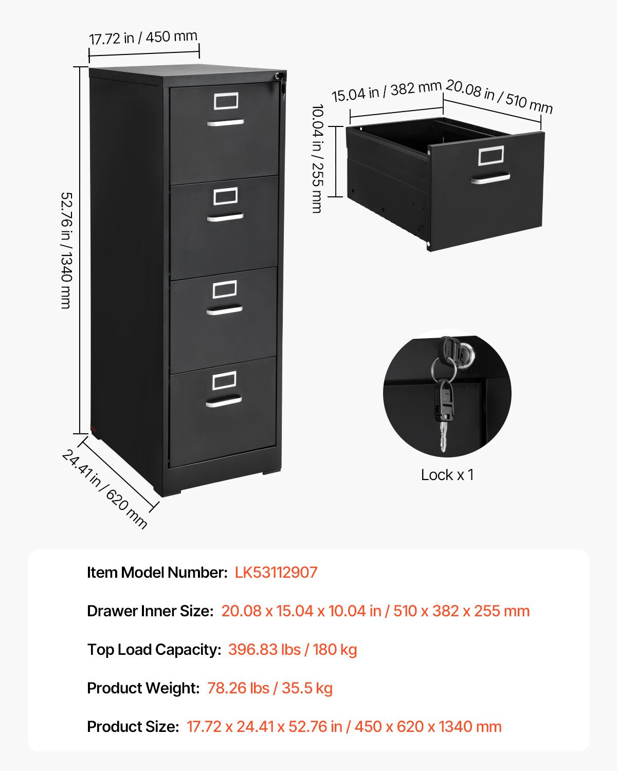 4 Drawer File Cabinet with Lock, Metal Vertical Filing Storage Cabinets for Home Office, Heavy-Duty Cabinet with Detachable Hanging Rod, for A4/Letter/Legal Size File, Easy Assembly (Black)