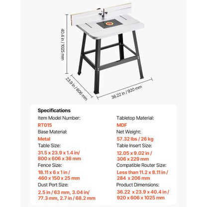 Bench-mounted milling table 89x61 cm with MDF top fence, dust collection port