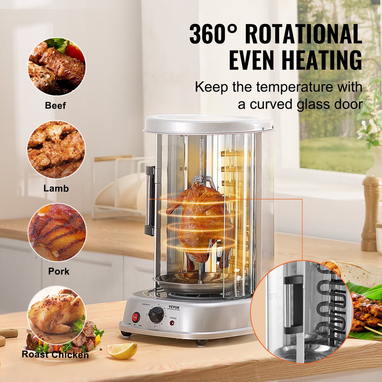 Shawarma Grill Machine, Vertical Chicken Shawarma Cooker Machine Countertop, Electric Stainless Steel Broiler Gyro Rotisserie Oven Doner Kebab Machine, for Home Restaurant Kitchen Parties