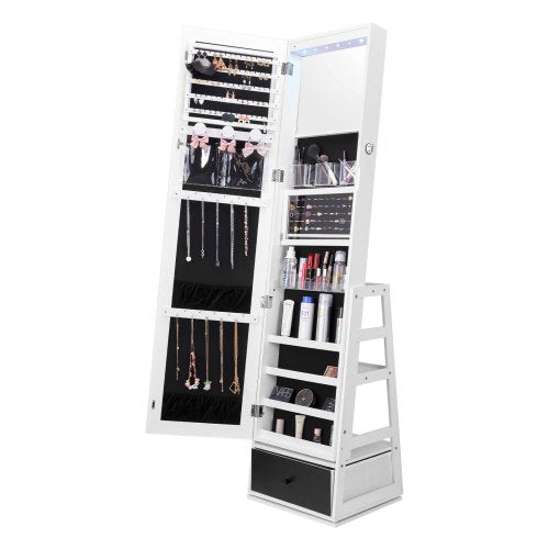 Mirror Jewelry Cabinet, 360° Swivel Standing Mirror with Storage, Lockable Jewelry Mirror Organizer with Full Length Mirror, Velvet Lining, LED Light, Drawer, Freestanding Jewelry Armoire, White