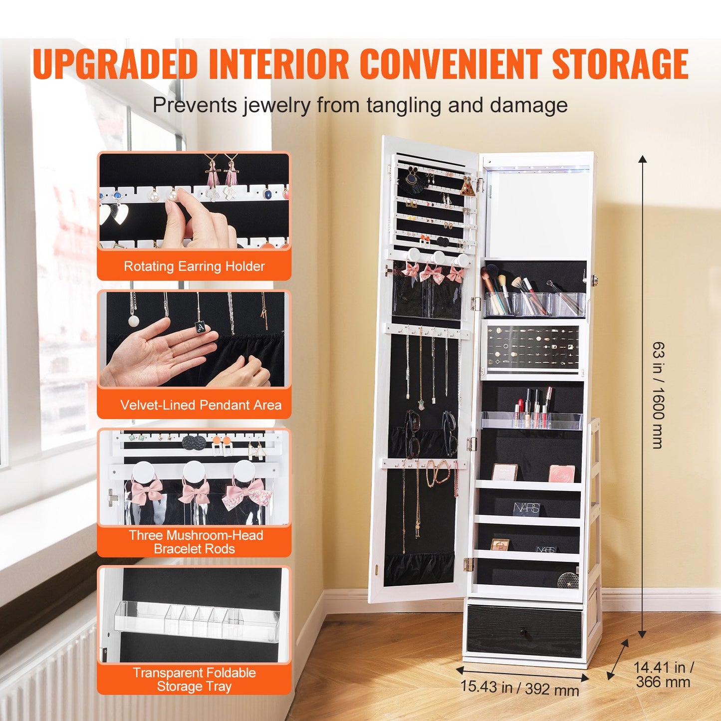 Spegel Smyckesskåp 360° Svängbar Ståspegel med Förvaring Vit