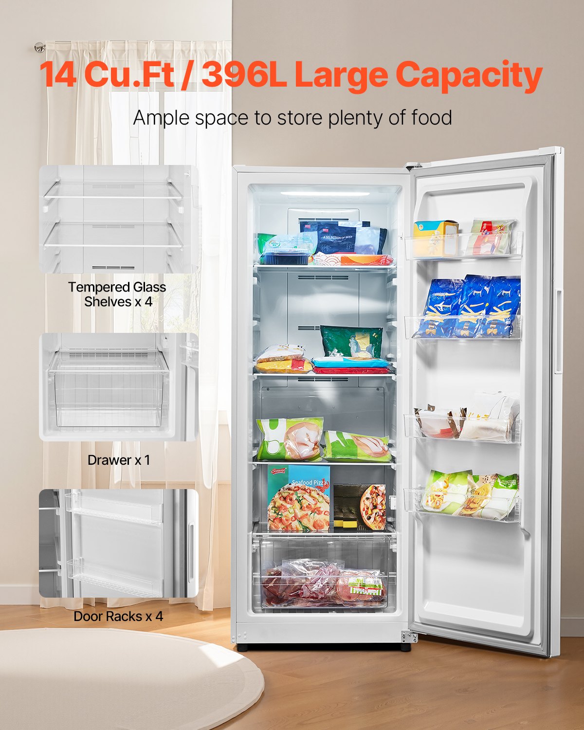 Convertible Freezer/Refrigerator, 14 Cu.Ft Frost Free Upright Freezer with Temp Control Panel, Door Open too Long Alarm, Adjustable Shelves and LED, Standing Fridge for Kitchen, Office, Garage