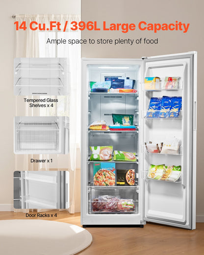 Convertible Freezer/Refrigerator, 14 Cu.Ft Frost Free Upright Freezer with Temp Control Panel, Door Open too Long Alarm, Adjustable Shelves and LED, Standing Fridge for Kitchen, Office, Garage