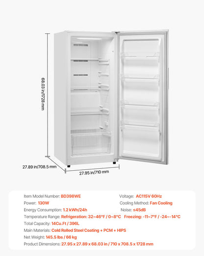 Convertible Freezer/Refrigerator, 14 Cu.Ft Frost Free Upright Freezer with Temp Control Panel, Door Open too Long Alarm, Adjustable Shelves and LED, Standing Fridge for Kitchen, Office, Garage