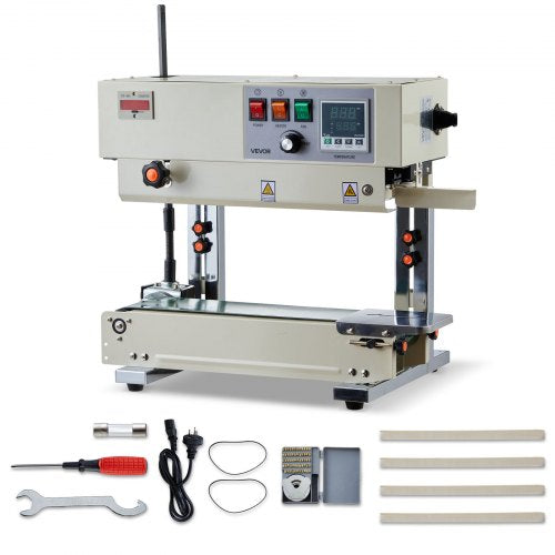 Continuous Bag Band Sealing Machine, 0.24-0.47 in Seal Width, Vertical Band Sealer Machine with Roller Printing , Temp & Speed Adjustable, Heat Sealing Machine for 0.001-0.03 in Plastic Bags