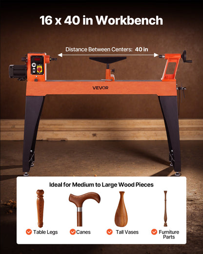 Woodworking Lathe, 1.5 HP, Wood Lathe Machine with 0 to 3200 RPM Variable Speed, 16 x 40 in Workbench, Brushless DC Motor, Cast Iron Body, Tool Rest, for Medium to Large Projects Woodworking