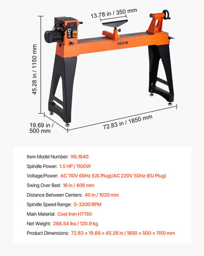 Woodworking Lathe, 1.5 HP, Wood Lathe Machine with 0 to 3200 RPM Variable Speed, 16 x 40 in Workbench, Brushless DC Motor, Cast Iron Body, Tool Rest, for Medium to Large Projects Woodworking