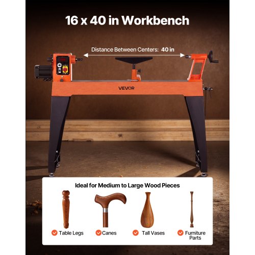 Drehbank für Holzbearbeitung, 1,5 PS, 16 x 40 Zoll, Holzdrehbank, variable Geschwindigkeit 0–3200 U/min