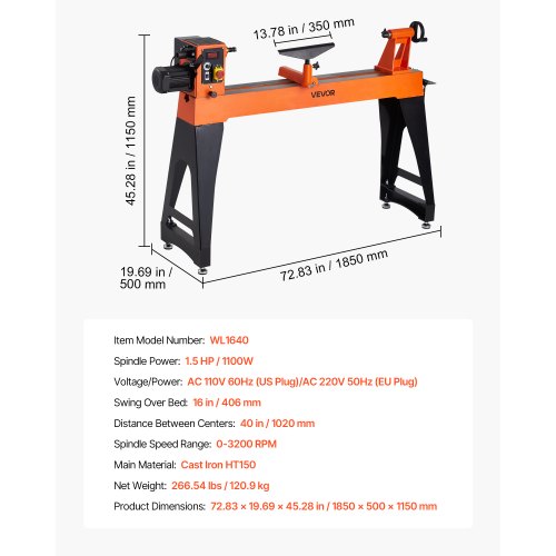 Drehbank für Holzbearbeitung, 1,5 PS, 16 x 40 Zoll, Holzdrehbank, variable Geschwindigkeit 0–3200 U/min