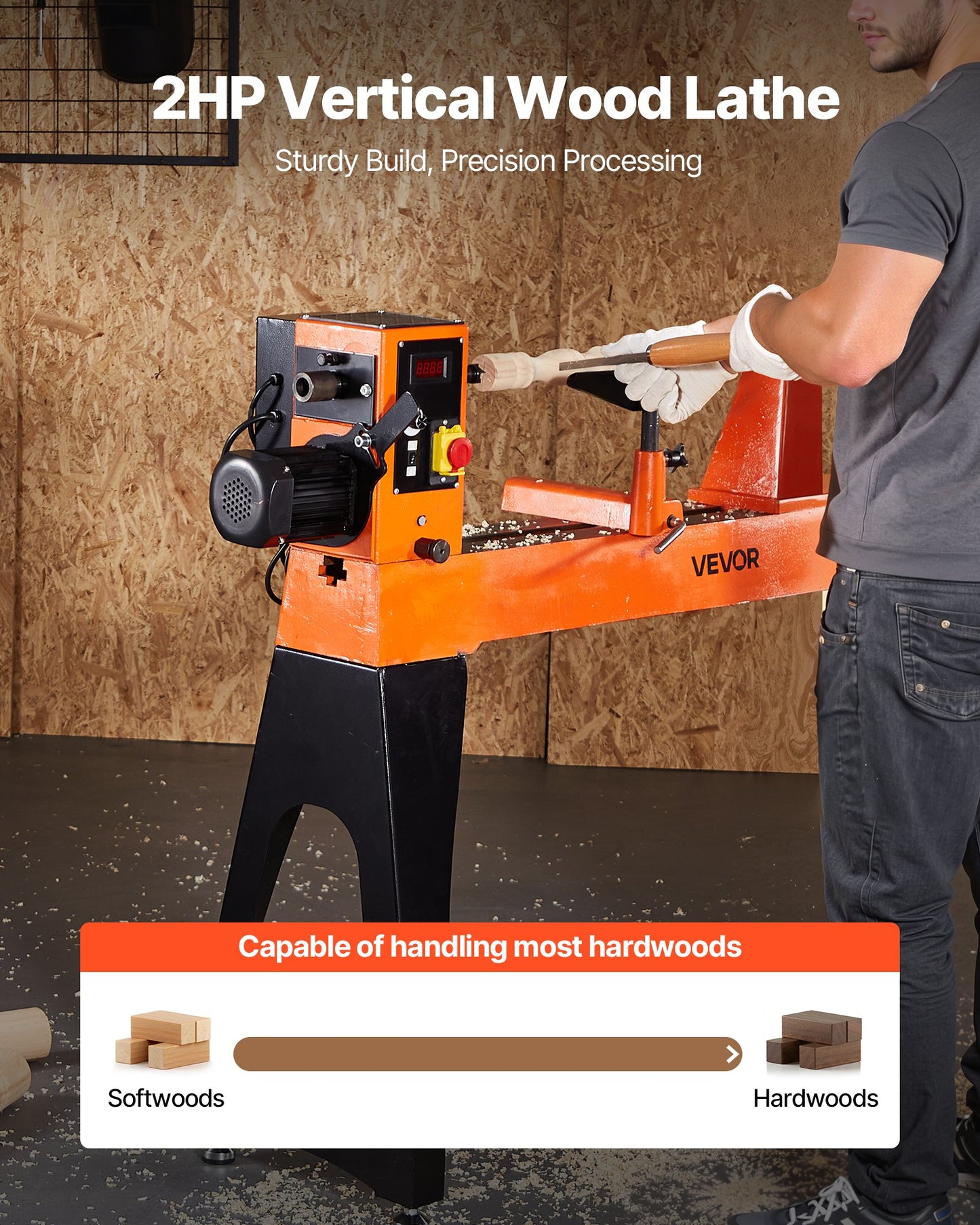 Woodworking Lathe, 2 HP, Wood Lathe Machine with 0 to 3200 RPM Variable Speed, 18 x 40 in Workbench, Brushless DC Motor, Cast Iron Body, Tool Rest, for Medium to Large Projects Woodworking