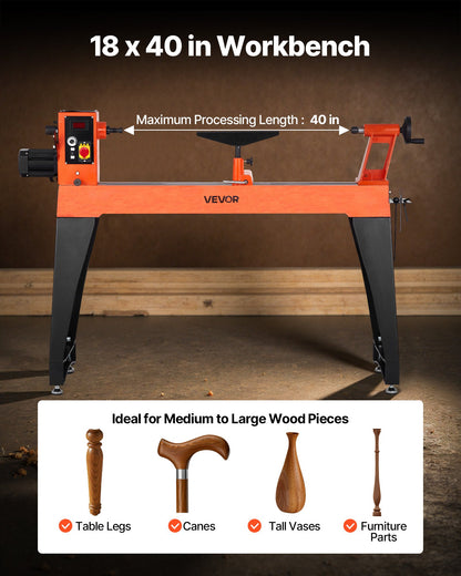 Woodworking Lathe, 2 HP, Wood Lathe Machine with 0 to 3200 RPM Variable Speed, 18 x 40 in Workbench, Brushless DC Motor, Cast Iron Body, Tool Rest, for Medium to Large Projects Woodworking