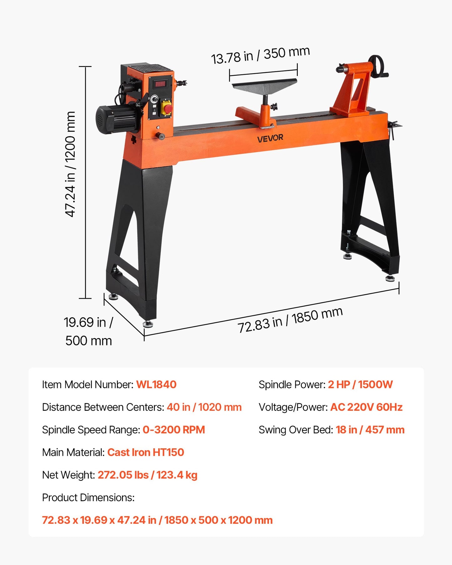 Woodworking Lathe, 2 HP, Wood Lathe Machine with 0 to 3200 RPM Variable Speed, 18 x 40 in Workbench, Brushless DC Motor, Cast Iron Body, Tool Rest, for Medium to Large Projects Woodworking