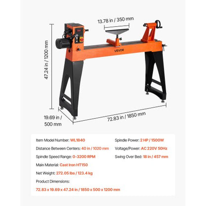 Träbearbetningssvarv 2 hk 18 x 40 tum Träsvarv Variabel hastighet 0-3200 varv/min