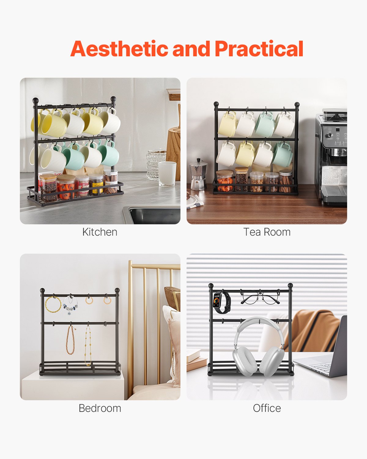 Coffee Mug Holder for Countertop 16 Hooks Cup Rack with Storage Base