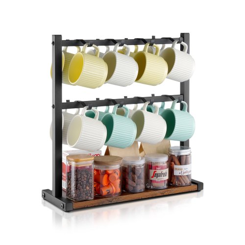 Coffee Mug Holder for Countertop, 16 Hooks Coffee Cup Holder with Storage Base, 2 Tier Mugs Tree Rack Carbon Steel & Wood Mug Display Stand, for Coffee Bar Home Storage and Display (Matte Black)