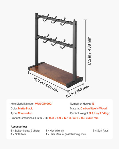 Coffee Mug Holder for Countertop, 16 Hooks Coffee Cup Holder with Storage Base, 2 Tier Mugs Tree Rack Carbon Steel & Wood Mug Display Stand, for Coffee Bar Home Storage and Display (Matte Black)
