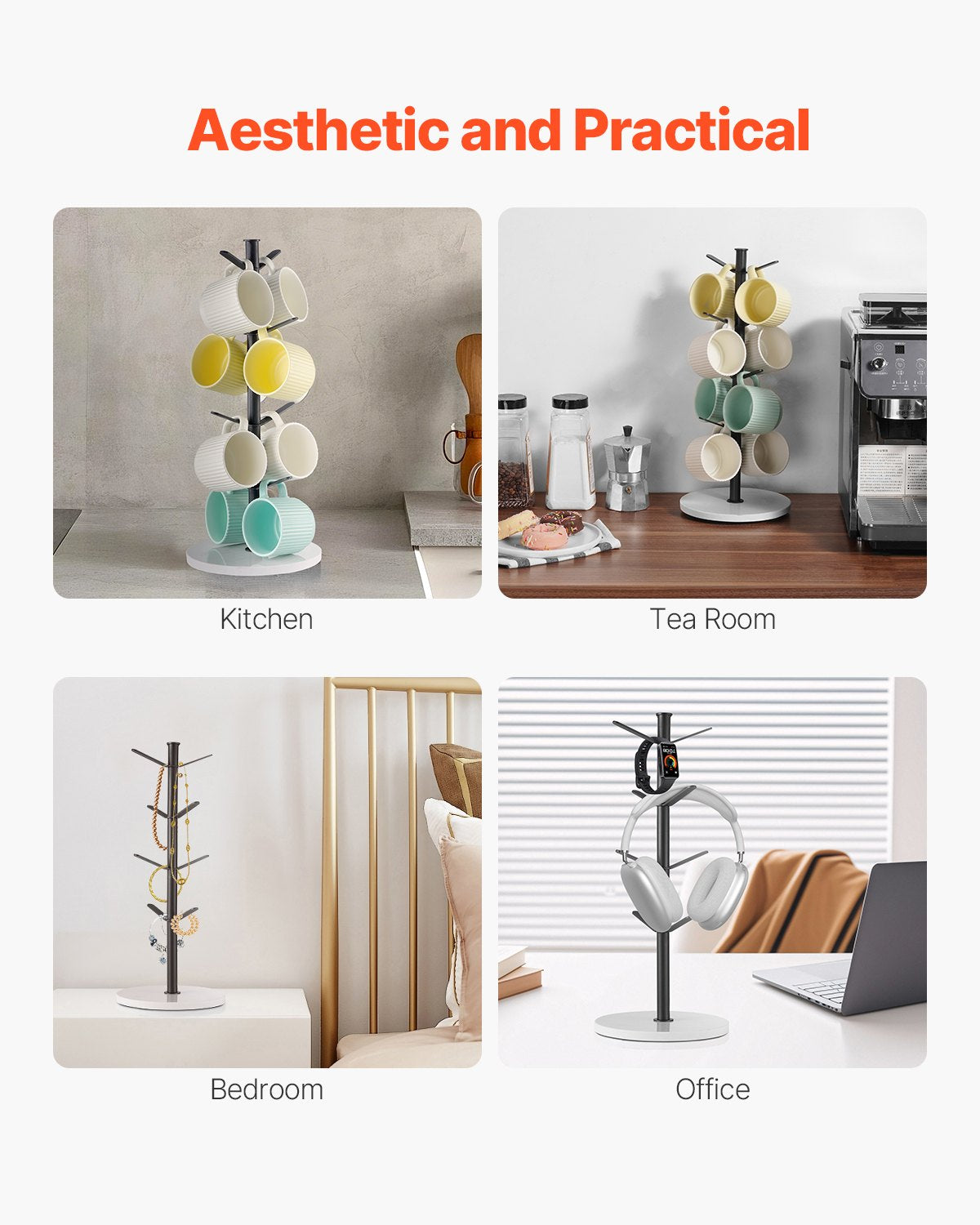 Mug Holder Tree with Marble Base, 8 Hooks Coffee Cup Holder for Counter, Carbon Steel Mug Tree Cup Rack Stand, Upgraded Coffee Cup Tree for Coffee Bar Kitchen Home Organizer (Matte Black)