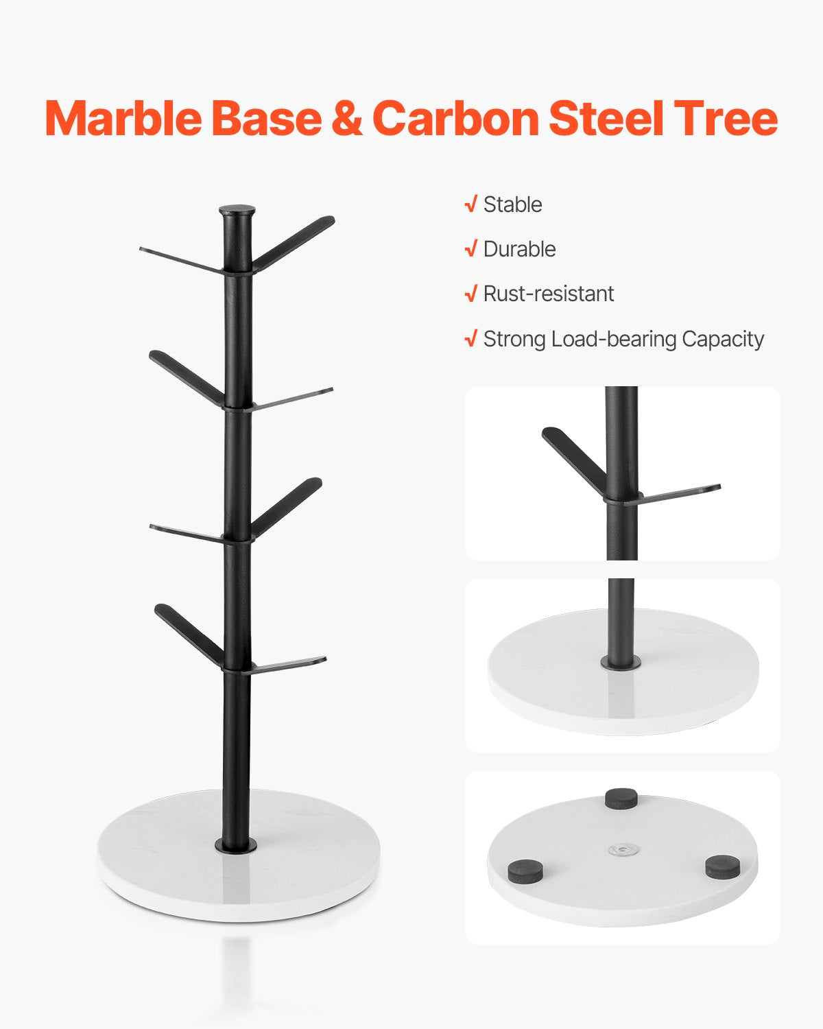 Mug Holder Tree with Marble Base, 8 Hooks Coffee Cup Holder for Counter, Carbon Steel Mug Tree Cup Rack Stand, Upgraded Coffee Cup Tree for Coffee Bar Kitchen Home Organizer (Matte Black)