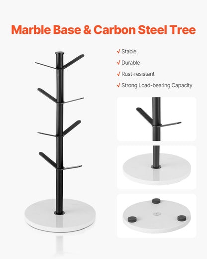 Mug Holder Tree with Marble Base, 8 Hooks Coffee Cup Holder for Counter, Carbon Steel Mug Tree Cup Rack Stand, Upgraded Coffee Cup Tree for Coffee Bar Kitchen Home Organizer (Matte Black)