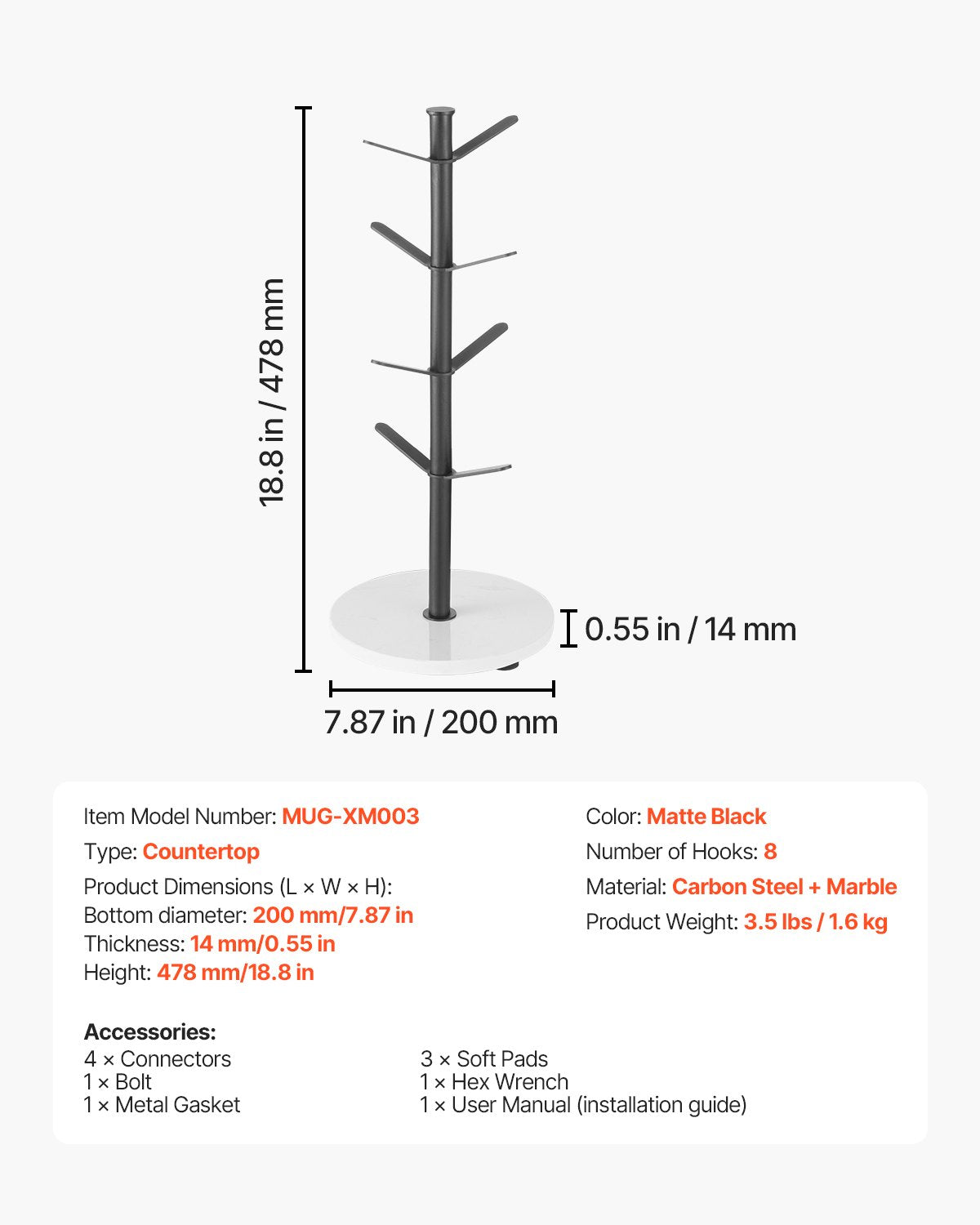 Mug Holder Tree with Marble Base, 8 Hooks Coffee Cup Holder for Counter, Carbon Steel Mug Tree Cup Rack Stand, Upgraded Coffee Cup Tree for Coffee Bar Kitchen Home Organizer (Matte Black)