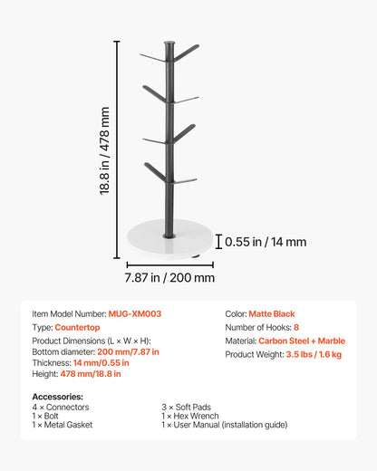 Mug Holder Tree with Marble Base, 8 Hooks Coffee Cup Holder for Counter, Carbon Steel Mug Tree Cup Rack Stand, Upgraded Coffee Cup Tree for Coffee Bar Kitchen Home Organizer (Matte Black)