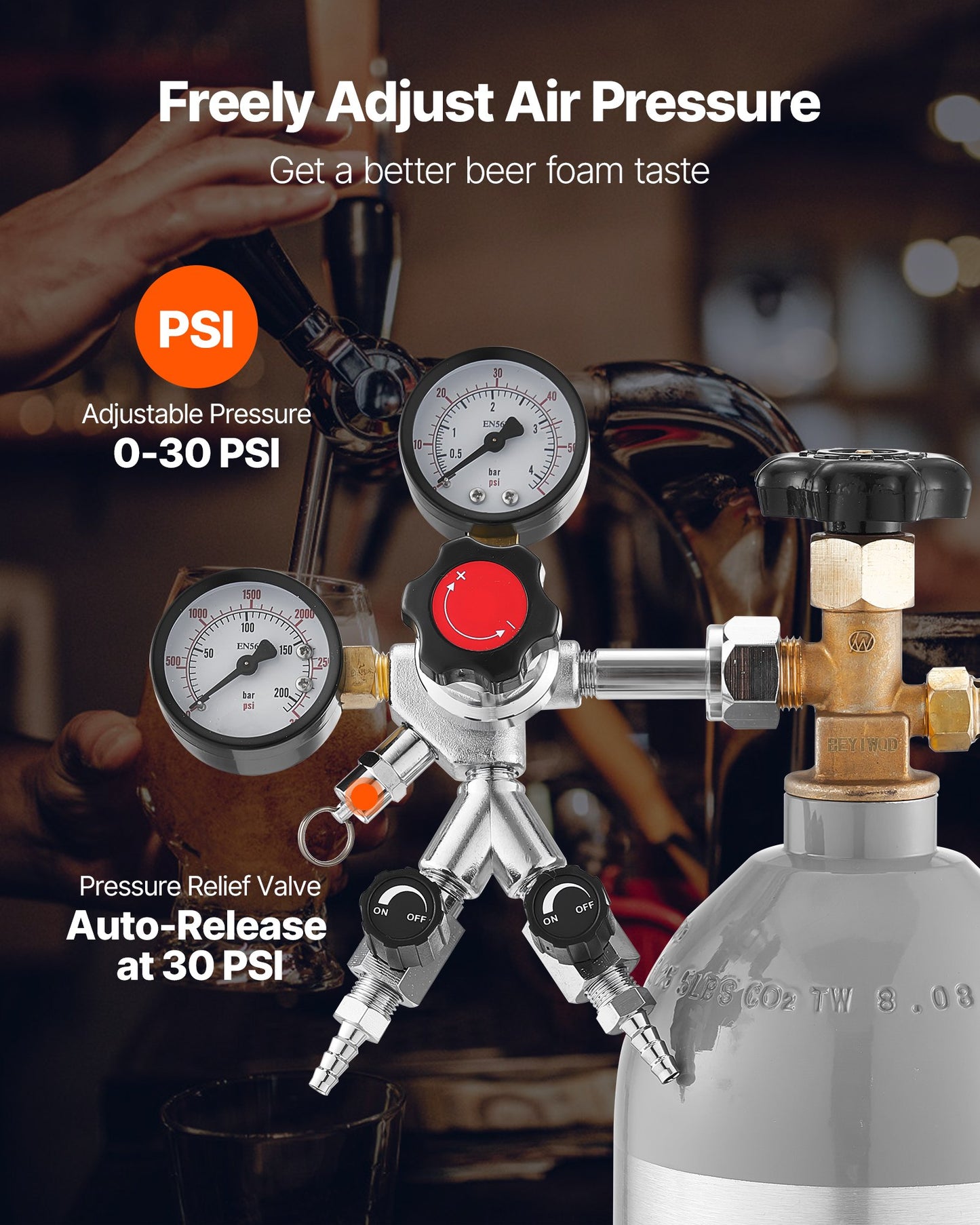 CO2 Regulator, Dual-Gauge Dual-Valve Beer Keg Regulator, 0–60 PSI Adjustable Pressure, Heavy-Duty CO2 Tank Gas Regulator with 2 Check Valves, for Draft Beer Homebrewing, Fits CGA320 Interface