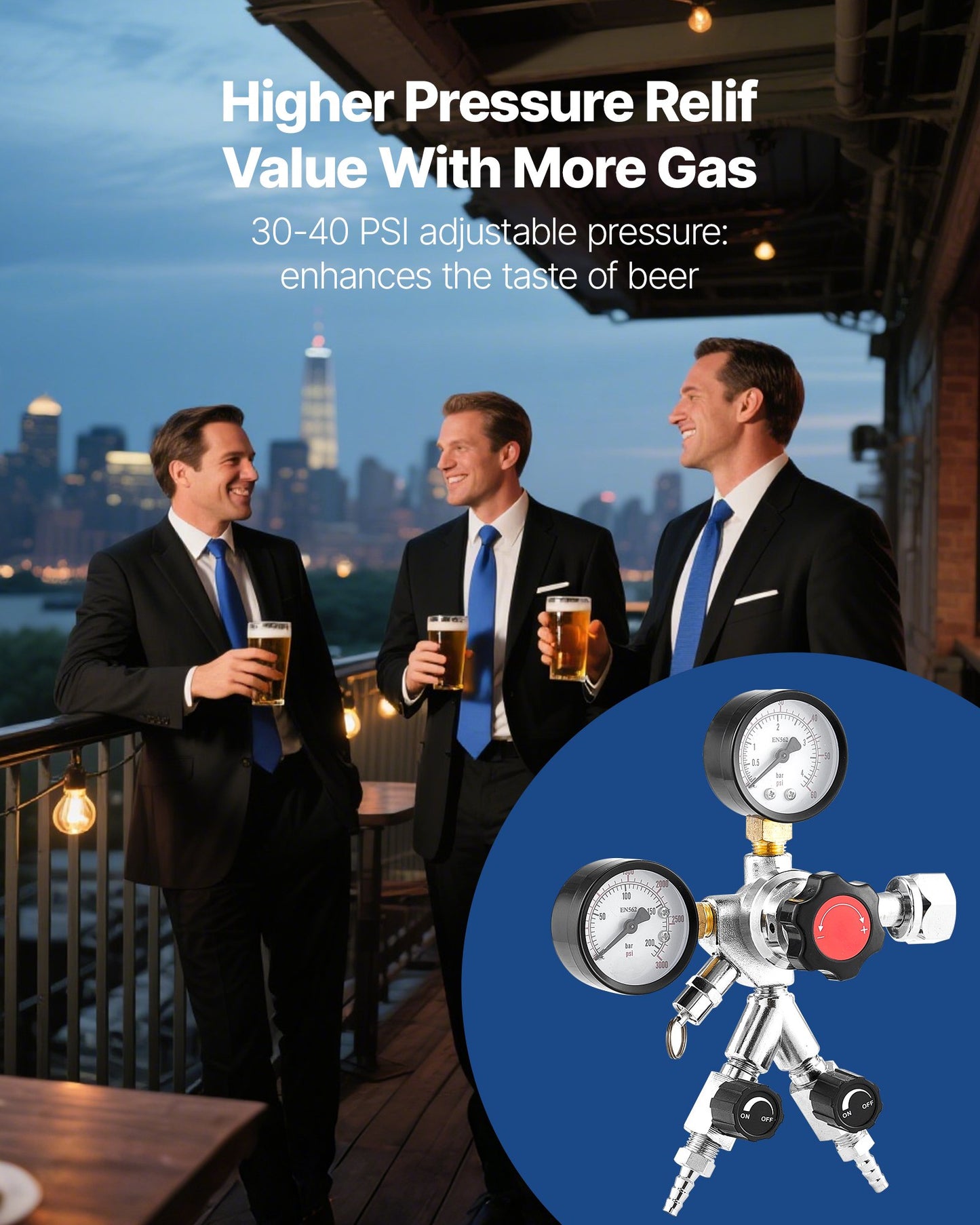 CO2 Regulator, Dual-Gauge Dual-Valve Beer Keg Regulator, 0–60 PSI Adjustable Pressure, Heavy-Duty CO2 Tank Gas Regulator with 2 Check Valves, for Draft Beer Homebrewing, Fits CGA320 Interface