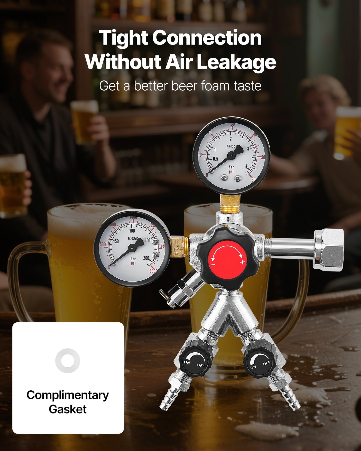 CO2 Regulator, Dual-Gauge Dual-Valve Beer Keg Regulator, 0–60 PSI Adjustable Pressure, Heavy-Duty CO2 Tank Gas Regulator with 2 Check Valves, for Draft Beer Homebrewing, Fits CGA320 Interface