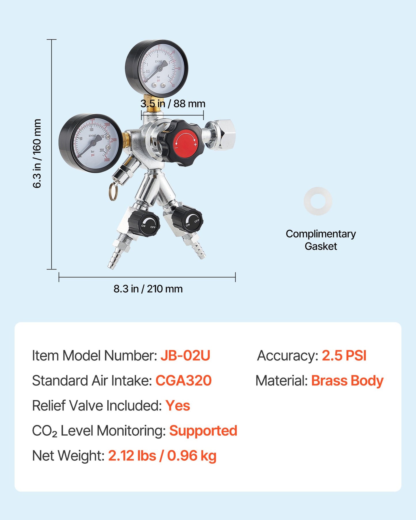 CO2 Regulator, Dual-Gauge Dual-Valve Beer Keg Regulator, 0–60 PSI Adjustable Pressure, Heavy-Duty CO2 Tank Gas Regulator with 2 Check Valves, for Draft Beer Homebrewing, Fits CGA320 Interface