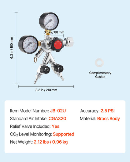 CO2 Regulator, Dual-Gauge Dual-Valve Beer Keg Regulator, 0–60 PSI Adjustable Pressure, Heavy-Duty CO2 Tank Gas Regulator with 2 Check Valves, for Draft Beer Homebrewing, Fits CGA320 Interface