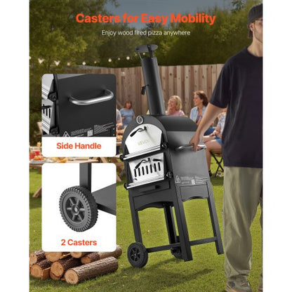 Utomhuspizzaugn, 30 cm pelletsugn, vedeldad pizzaugn med 2 lager, vedeldad pizzaugn för utomhusbruk med 2 avtagbara hjul, maxtemperatur 380°C, pizzaugnar för grillning |  EU