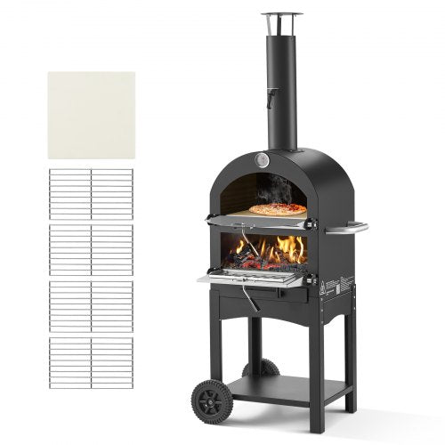 Utomhuspizzaugn, 30 cm pelletsugn, vedeldad pizzaugn med 2 lager, vedeldad pizzaugn för utomhusbruk med 2 avtagbara hjul, maxtemperatur 380°C, pizzaugnar för grillning |  EU
