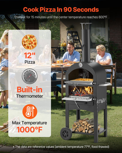 Outdoor Pizza Oven, 12" Pellet Fire Ovens, 2-Layer Pizza Oven Wood Fired, Wood Burning Outdoor Pizza-Oven with 2 Removable Wheels, 1000℉ Max Temperature Fired Pizza-Maker Ovens for Barbecue