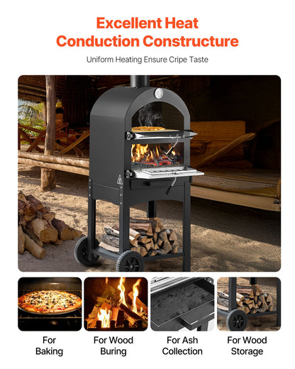 Outdoor Pizza Oven, 12" Pellet Fire Ovens, 2-Layer Pizza Oven Wood Fired, Wood Burning Outdoor Pizza-Oven with 2 Removable Wheels, 1000℉ Max Temperature Fired Pizza-Maker Ovens for Barbecue