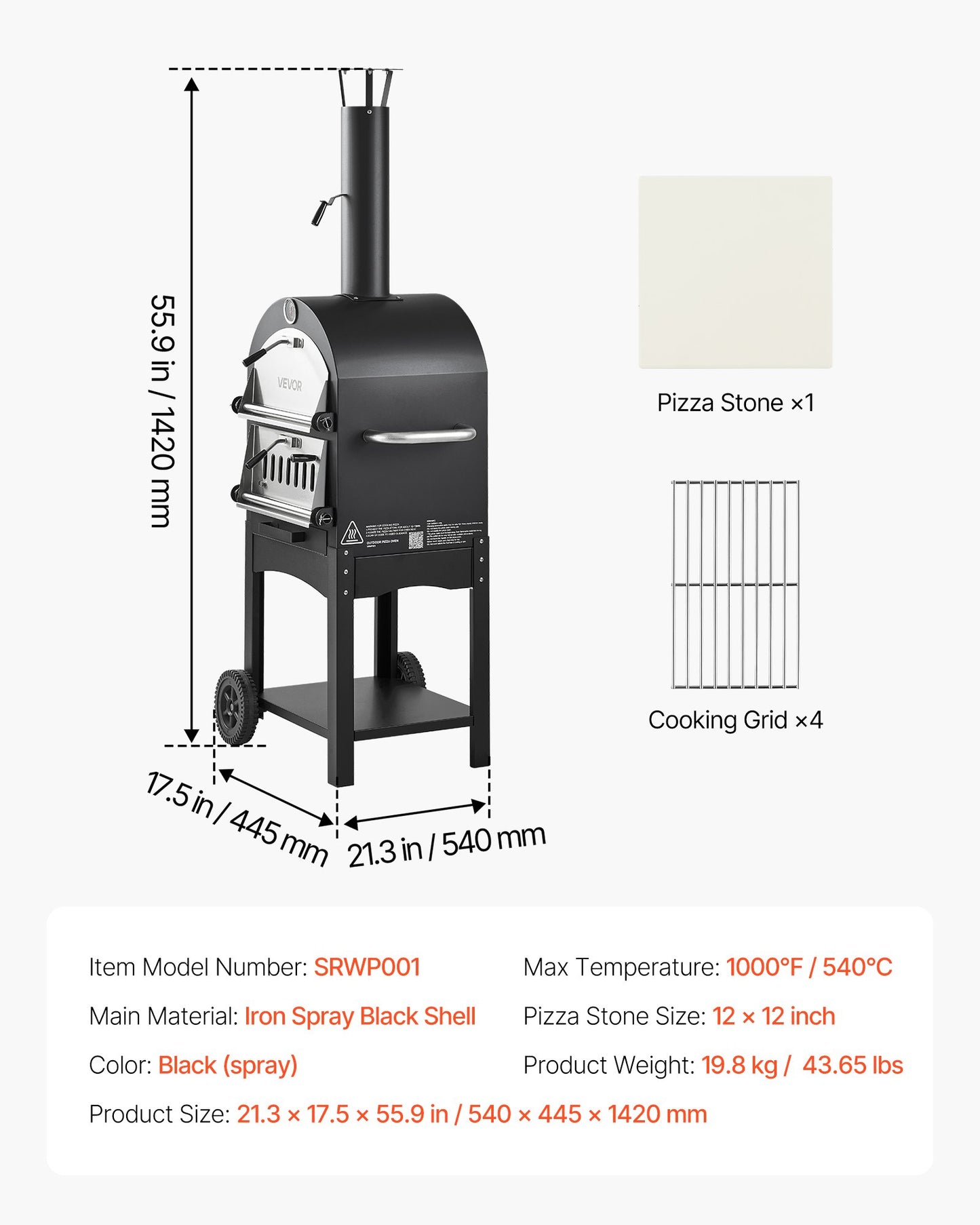 Outdoor Pizza Oven, 12" Pellet Fire Ovens, 2-Layer Pizza Oven Wood Fired, Wood Burning Outdoor Pizza-Oven with 2 Removable Wheels, 1000℉ Max Temperature Fired Pizza-Maker Ovens for Barbecue