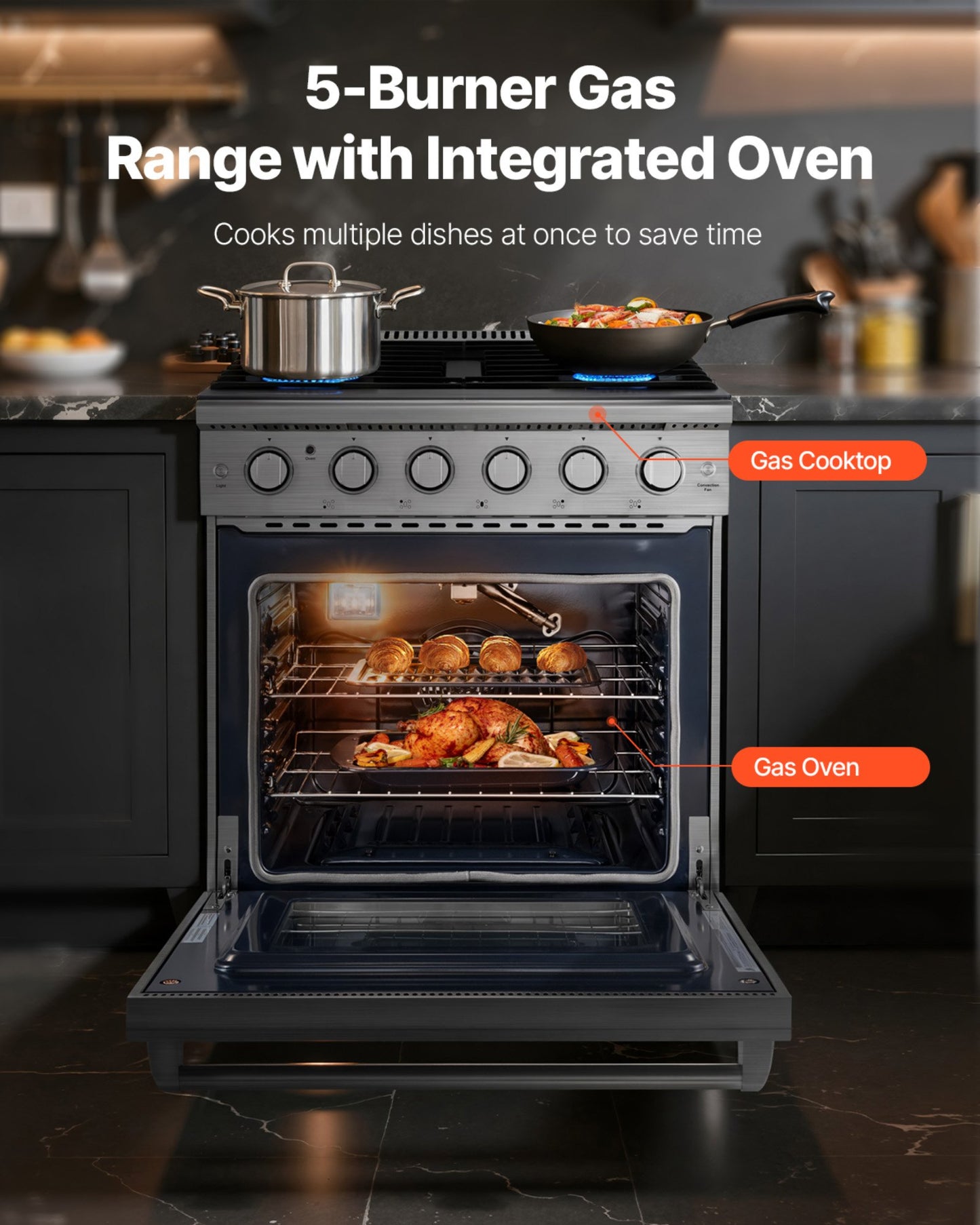 Gas Range Oven, 30 Inches Width, Freestanding Stainless Steel Stove and Oven with 5 Sealed Cooktop Burners, Easy Reach Racks, Storage Drawer, 4.8 Cu. Ft. Capacity, for Apartment, Home, Kitchen