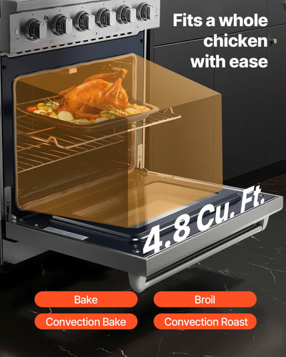 Gas Range Oven, 30 Inches Width, Freestanding Stainless Steel Stove and Oven with 5 Sealed Cooktop Burners, Easy Reach Racks, Storage Drawer, 4.8 Cu. Ft. Capacity, for Apartment, Home, Kitchen