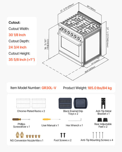 Gas Range Oven, 30 Inches Width, Freestanding Stainless Steel Stove and Oven with 5 Sealed Cooktop Burners, Easy Reach Racks, Storage Drawer, 4.8 Cu. Ft. Capacity, for Apartment, Home, Kitchen