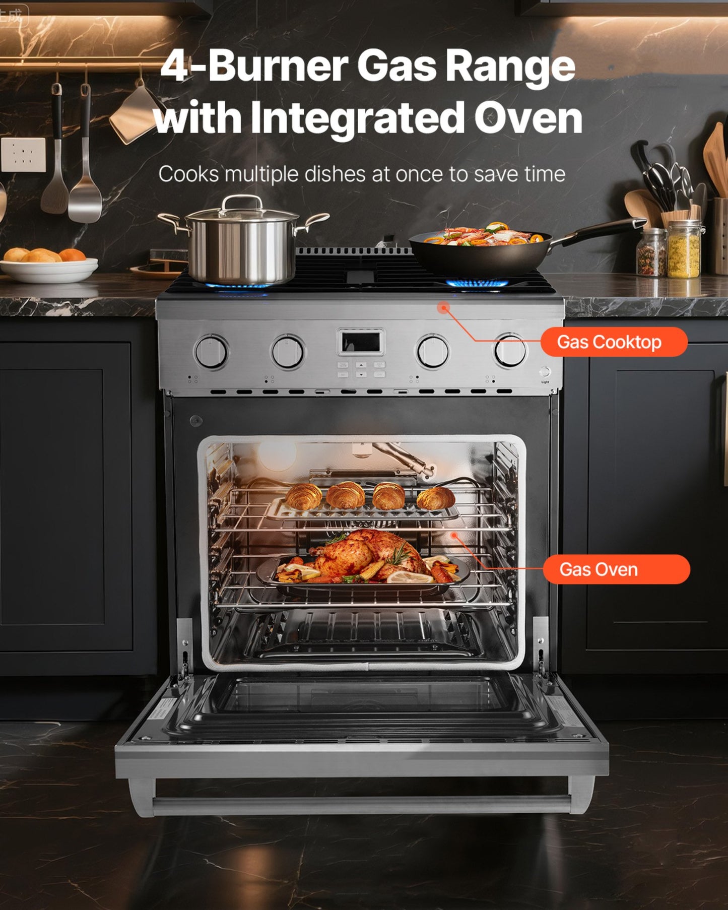 Gas Range Oven, 29.9 Inches Width, Freestanding Stainless Steel Stove and Oven with 4 Sealed Cooktop Burners, Easy Reach Racks, Halogen Light, 4.8 Cu. Ft. Capacity, for Apartment, Home, Kitchen