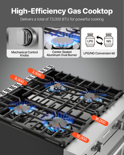 Gas Range Oven, 29.9 Inches Width, Freestanding Stainless Steel Stove and Oven with 4 Sealed Cooktop Burners, Easy Reach Racks, Halogen Light, 4.8 Cu. Ft. Capacity, for Apartment, Home, Kitchen
