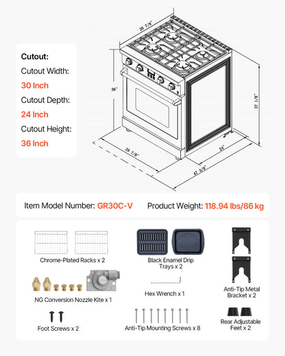 Gas Range Oven, 29.9 Inches Width, Freestanding Stainless Steel Stove and Oven with 4 Sealed Cooktop Burners, Easy Reach Racks, Halogen Light, 4.8 Cu. Ft. Capacity, for Apartment, Home, Kitchen
