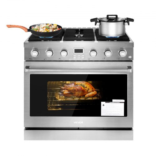 Gas Range Oven, 35.9 Inches Width, Freestanding Stainless Steel Stove and Oven with 6 Sealed Cooktop Burners, Easy Reach Racks, Halogen Light, 6.0 Cu. Ft. Capacity, for Apartment, Home, Kitchen
