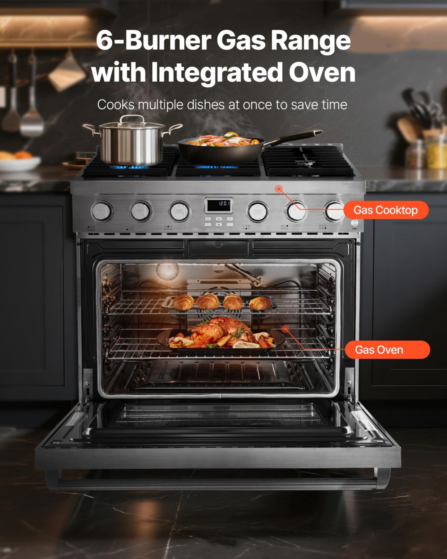 Gas Range Oven, 35.9 Inches Width, Freestanding Stainless Steel Stove and Oven with 6 Sealed Cooktop Burners, Easy Reach Racks, Halogen Light, 6.0 Cu. Ft. Capacity, for Apartment, Home, Kitchen