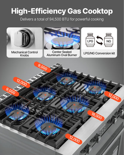 Gas Range Oven, 35.9 Inches Width, Freestanding Stainless Steel Stove and Oven with 6 Sealed Cooktop Burners, Easy Reach Racks, Halogen Light, 6.0 Cu. Ft. Capacity, for Apartment, Home, Kitchen