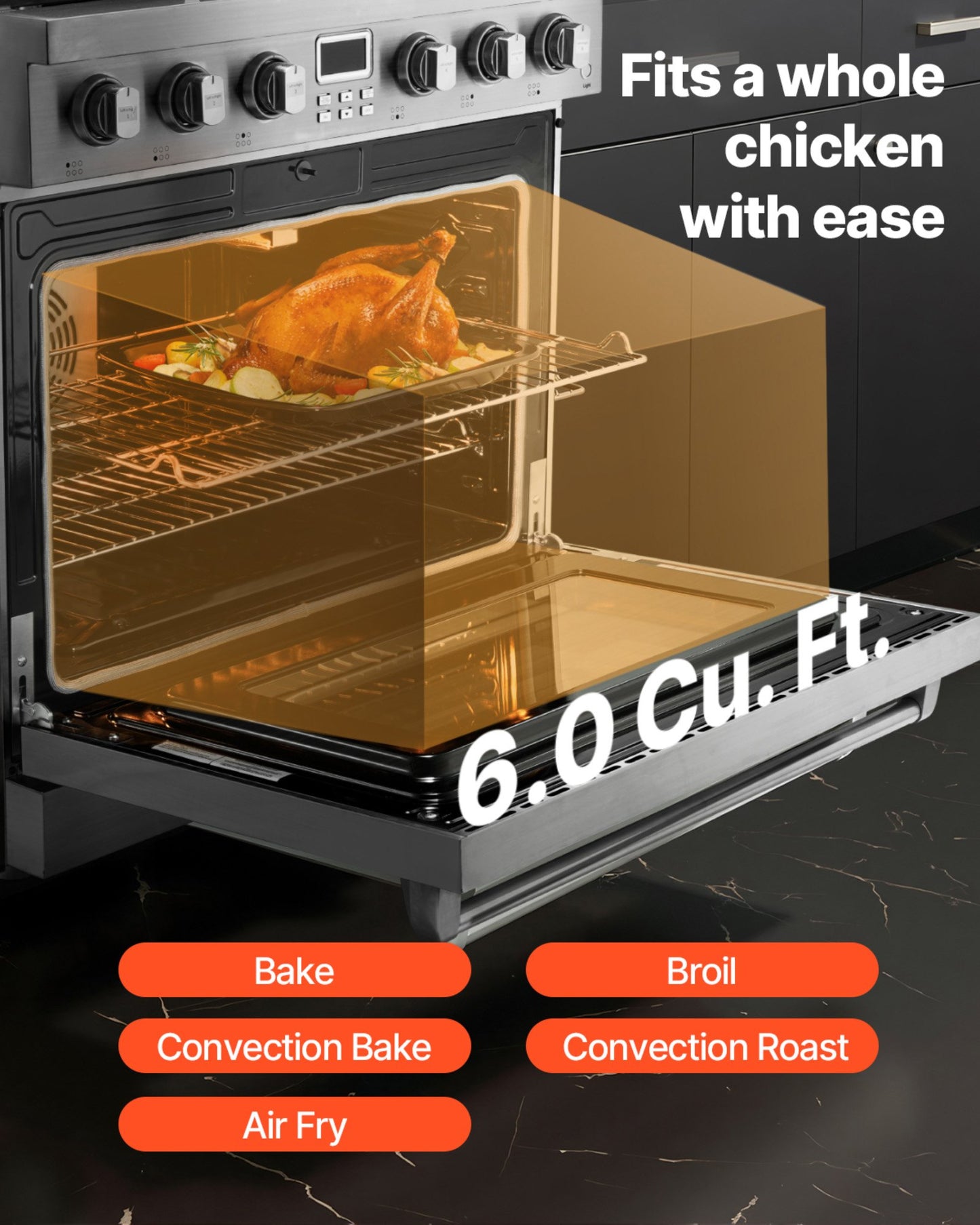 Gas Range Oven, 35.9 Inches Width, Freestanding Stainless Steel Stove and Oven with 6 Sealed Cooktop Burners, Easy Reach Racks, Halogen Light, 6.0 Cu. Ft. Capacity, for Apartment, Home, Kitchen