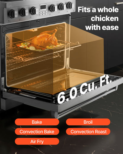 Gas Range Oven, 35.9 Inches Width, Freestanding Stainless Steel Stove and Oven with 6 Sealed Cooktop Burners, Easy Reach Racks, Halogen Light, 6.0 Cu. Ft. Capacity, for Apartment, Home, Kitchen