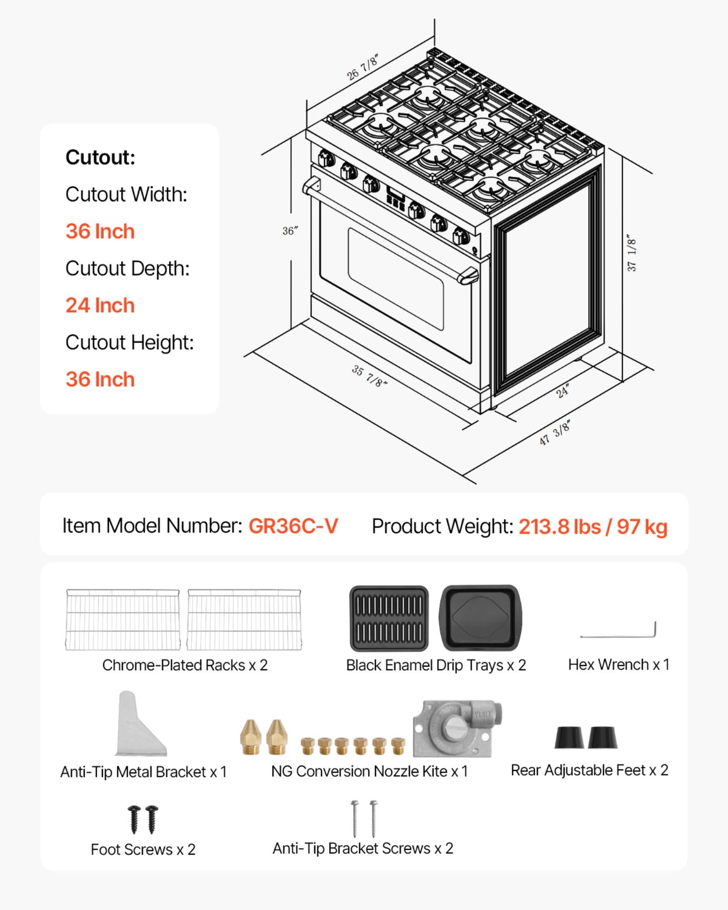 Gas Range Oven, 35.9 Inches Width, Freestanding Stainless Steel Stove and Oven with 6 Sealed Cooktop Burners, Easy Reach Racks, Halogen Light, 6.0 Cu. Ft. Capacity, for Apartment, Home, Kitchen