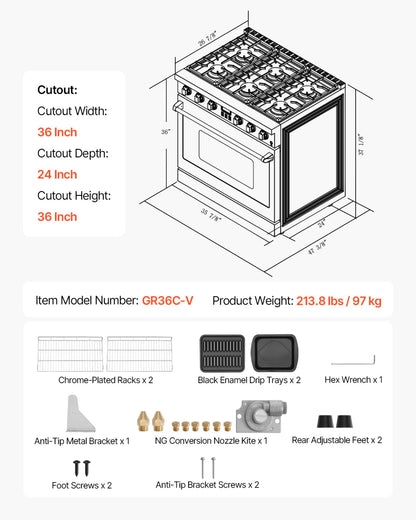 Gas Range Oven, 35.9 Inches Width, Freestanding Stainless Steel Stove and Oven with 6 Sealed Cooktop Burners, Easy Reach Racks, Halogen Light, 6.0 Cu. Ft. Capacity, for Apartment, Home, Kitchen