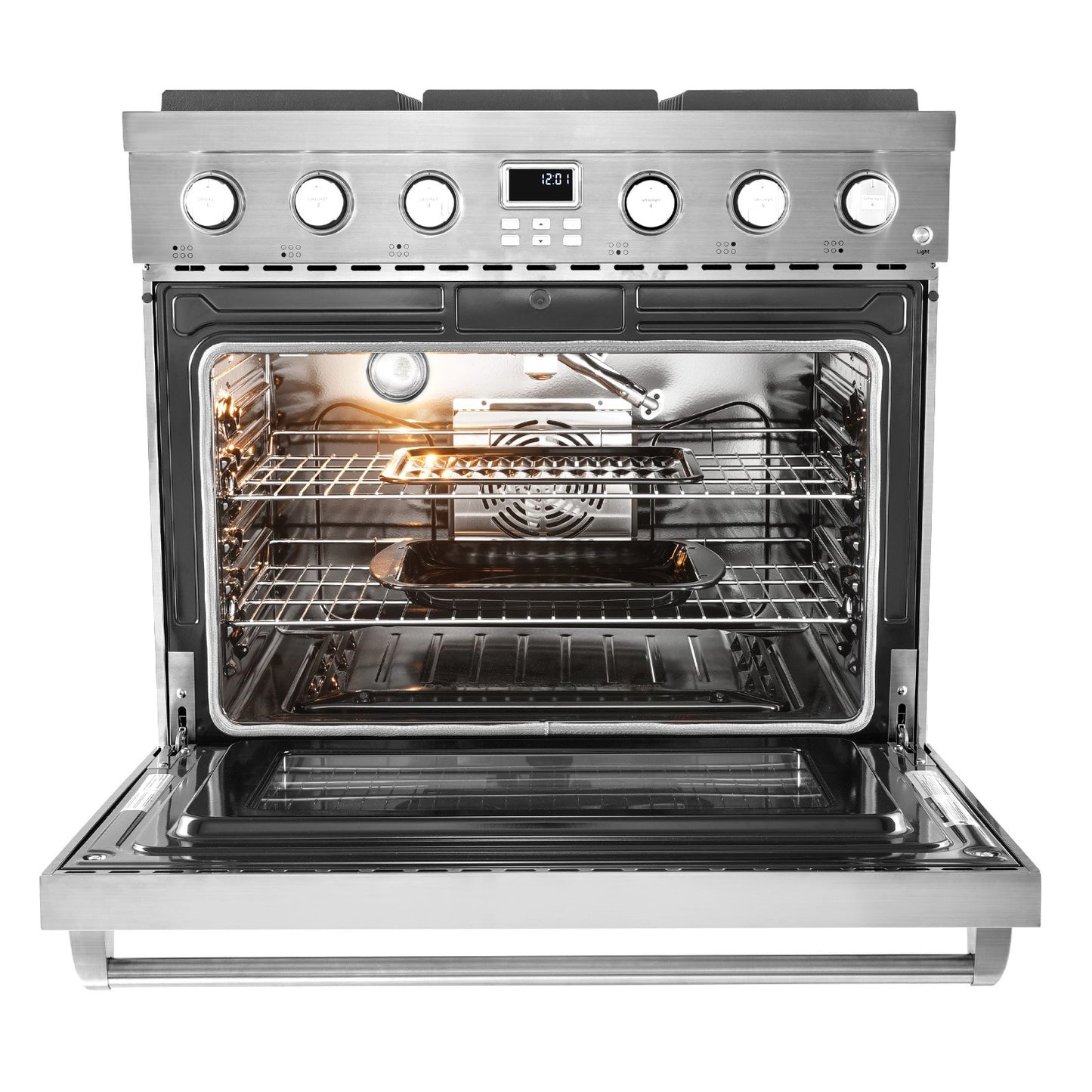 Gas Range Oven, 35.9 Inches Width, Freestanding Stainless Steel Stove and Oven with 6 Sealed Cooktop Burners, Easy Reach Racks, Halogen Light, 6.0 Cu. Ft. Capacity, for Apartment, Home, Kitchen